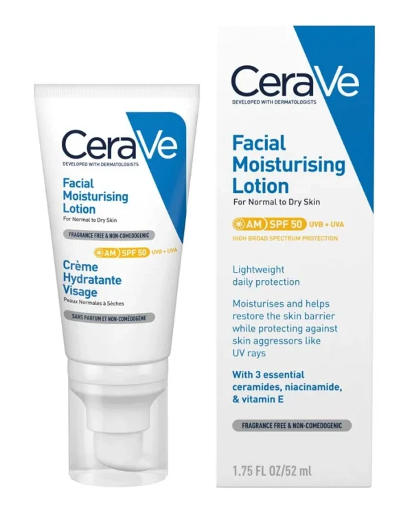 A bottle of AM Facial Moisturising Lotion SPF 50, providing intense hydration and high-level broad-spectrum sun protection