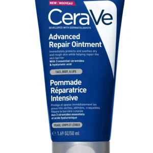 A tube of Advanced Repair Ointment for dry, cracked, and sensitive skin, enriched with ceramides for hydration and barrier repair