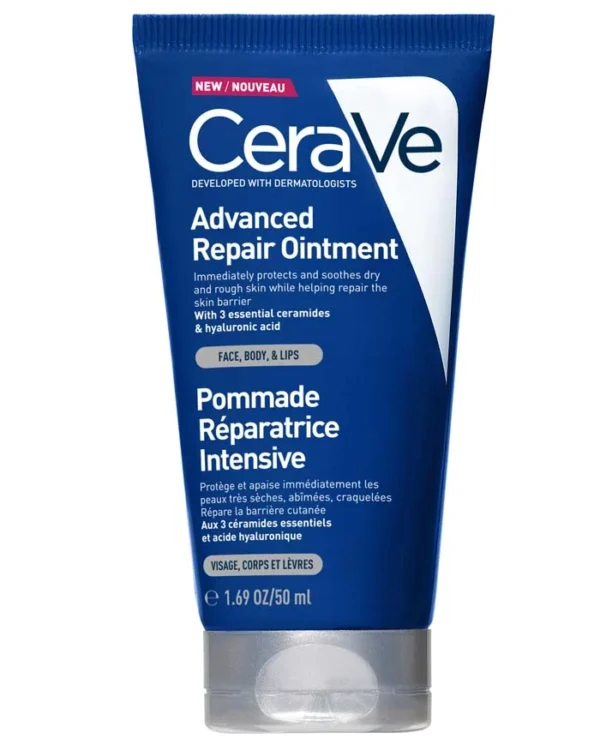 A tube of Advanced Repair Ointment for dry, cracked, and sensitive skin, enriched with ceramides for hydration and barrier repair