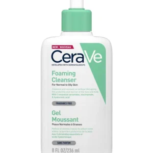 Bottle of Foaming Cleanser for normal to oily skin, enriched with ceramides and niacinamide for a deep and refreshing clean