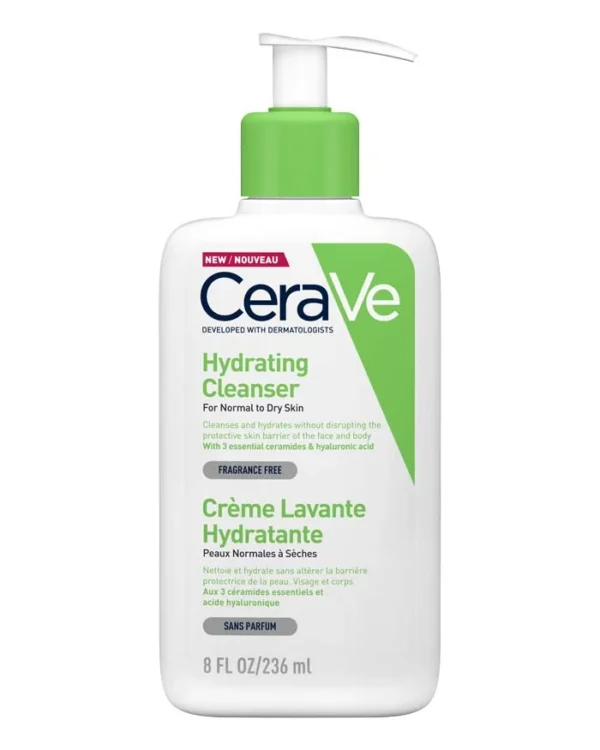 Bottle of CeraVe Hydrating Cleanser for dry, sensitive skin, with ceramides and hyaluronic acid