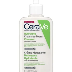 Bottle of Hydrating Cream to Foam Cleanser for normal to dry skin, with ceramides and hyaluronic acid