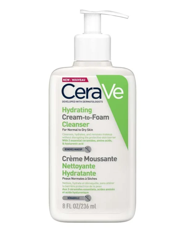 Bottle of Hydrating Cream to Foam Cleanser for normal to dry skin, with ceramides and hyaluronic acid