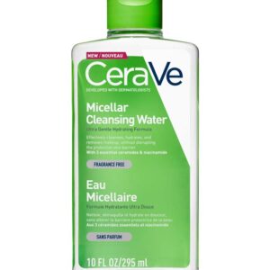 Bottle of Micellar Cleansing Water for makeup removal and gentle cleansing, suitable for all skin types