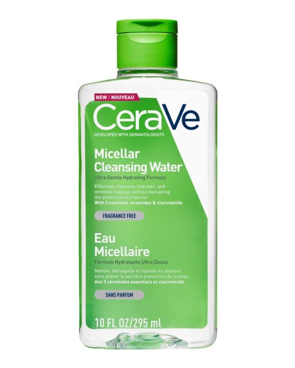 Bottle of Micellar Cleansing Water for makeup removal and gentle cleansing, suitable for all skin types