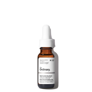 Bottle of Multi-Peptide Eye Serum for reducing dark circles, puffiness, and fine lines