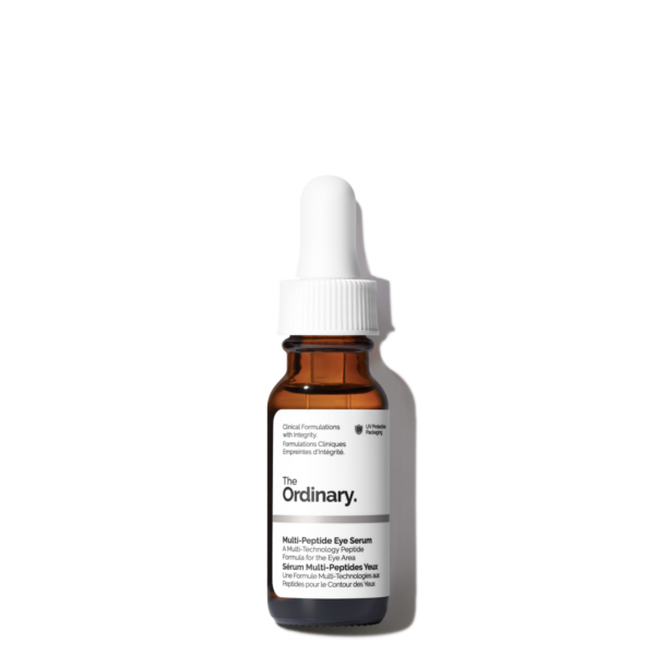 Bottle of Multi-Peptide Eye Serum for reducing dark circles, puffiness, and fine lines