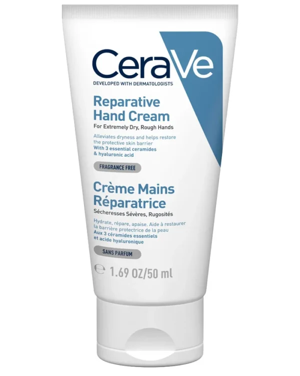 A tube of Reparative Hand Cream, designed to restore moisture and repair dry, cracked hands with shea butter and glycerin