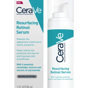 A bottle of Resurfacing Retinol Serum with Ceramides & Niacinamide, designed to improve skin texture, brighten tone, and reduce fine lines