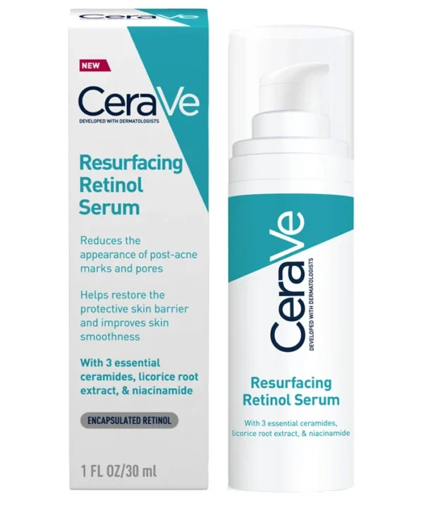 A bottle of Resurfacing Retinol Serum with Ceramides & Niacinamide, designed to improve skin texture, brighten tone, and reduce fine lines