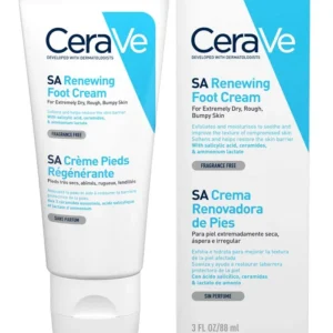 A tube of SA Renewing Foot Cream, formulated with salicylic acid to exfoliate, soften, and rejuvenate dry, cracked feet for smooth skin