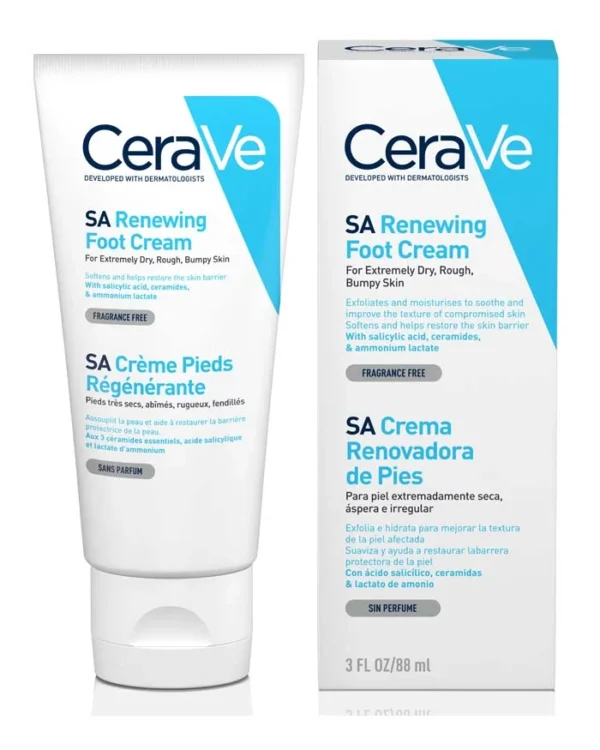 A tube of SA Renewing Foot Cream, formulated with salicylic acid to exfoliate, soften, and rejuvenate dry, cracked feet for smooth skin