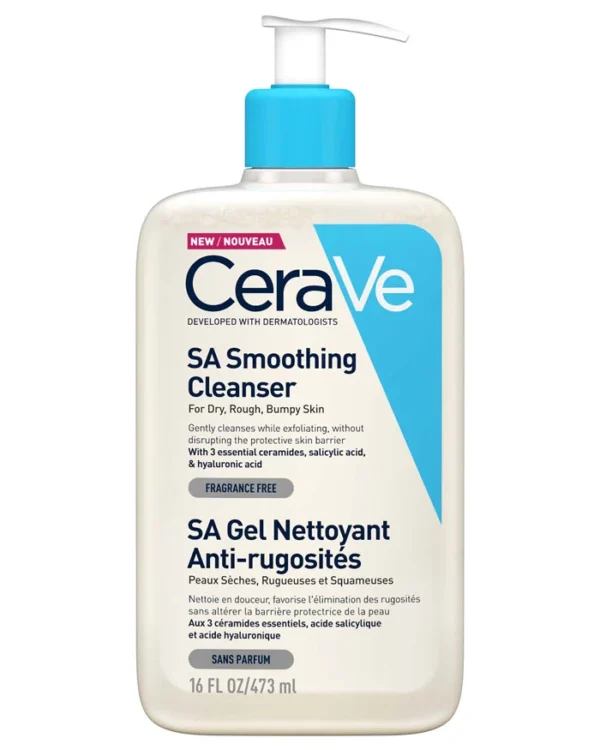 Bottle of SA Smoothing Cleanser with salicylic acid, ceramides, and hyaluronic acid for exfoliating and smoothing skin